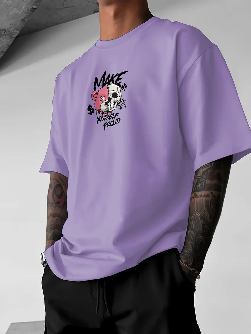 New European and American men's summer skull bear print comfortable and breathable round neck T-shirt outdoor street style top