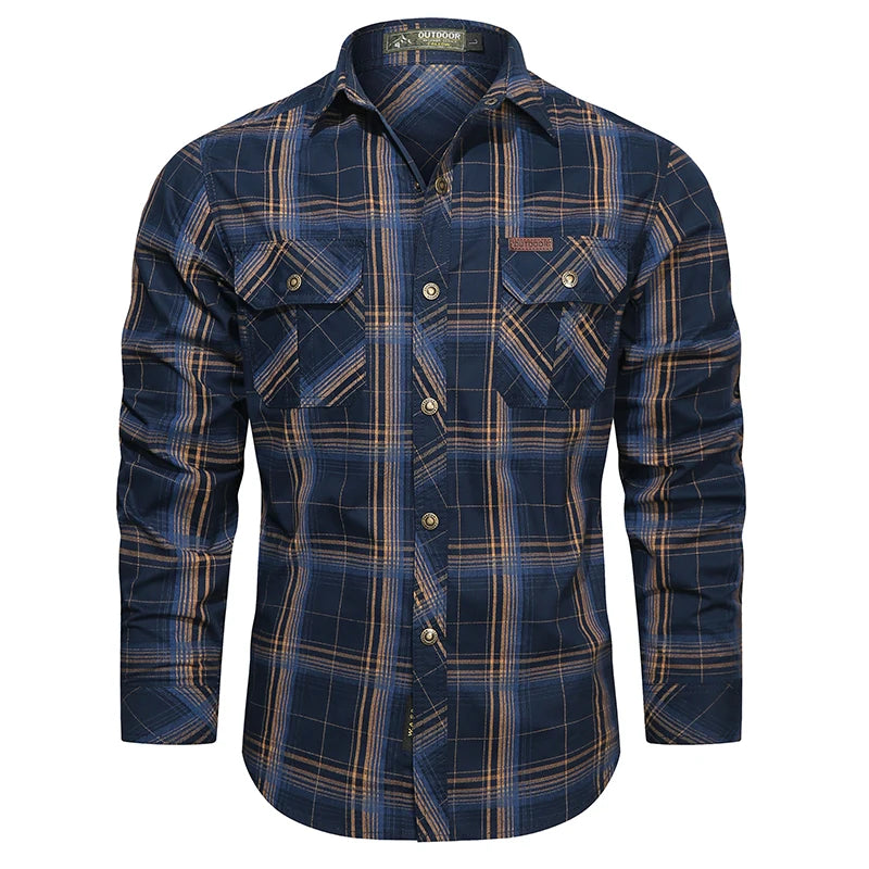2024 New Plaid Shirt for Men Long Sleeve Striped Outdoor Casual Shirts Turn-down Collar 2-Pokcet Cargo Shirts High Quality Tops