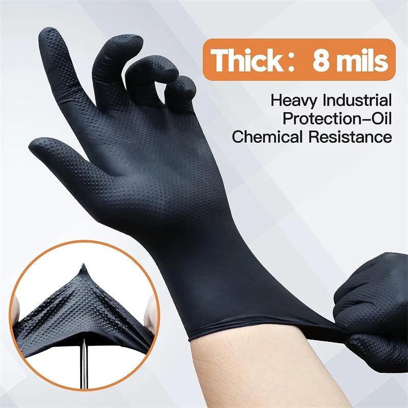 Black 8-mil Nitrile Gloves Disposable Latex Free Diamond Textured Heavy Duty Mechanic Gloves for Men Industrial Use