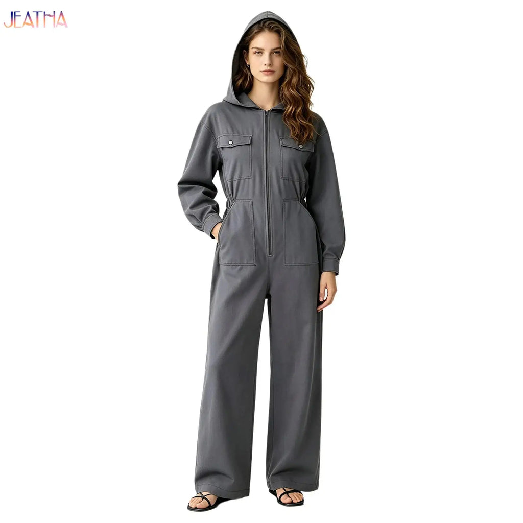 Women's Hooded Coveralls Casual Workwear Uniforms Spring Autumn Long Sleeve Zipper Front Wide-leg Jumpsuit with Multi-pocket