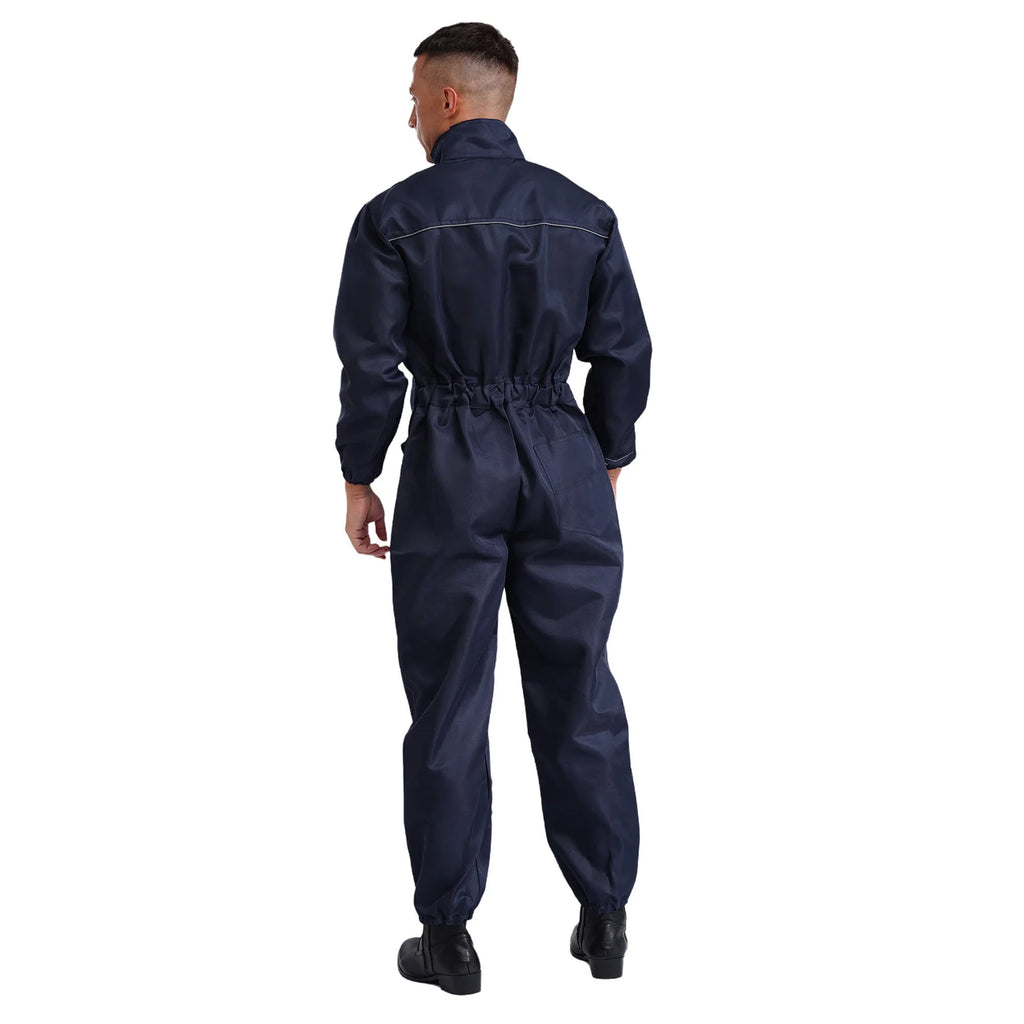 Mens Adults Resistant Coveralls Work Uniforms Stand Collar Long Sleeve Multi-pockets Reflective Stripes Overall Jumpsuit