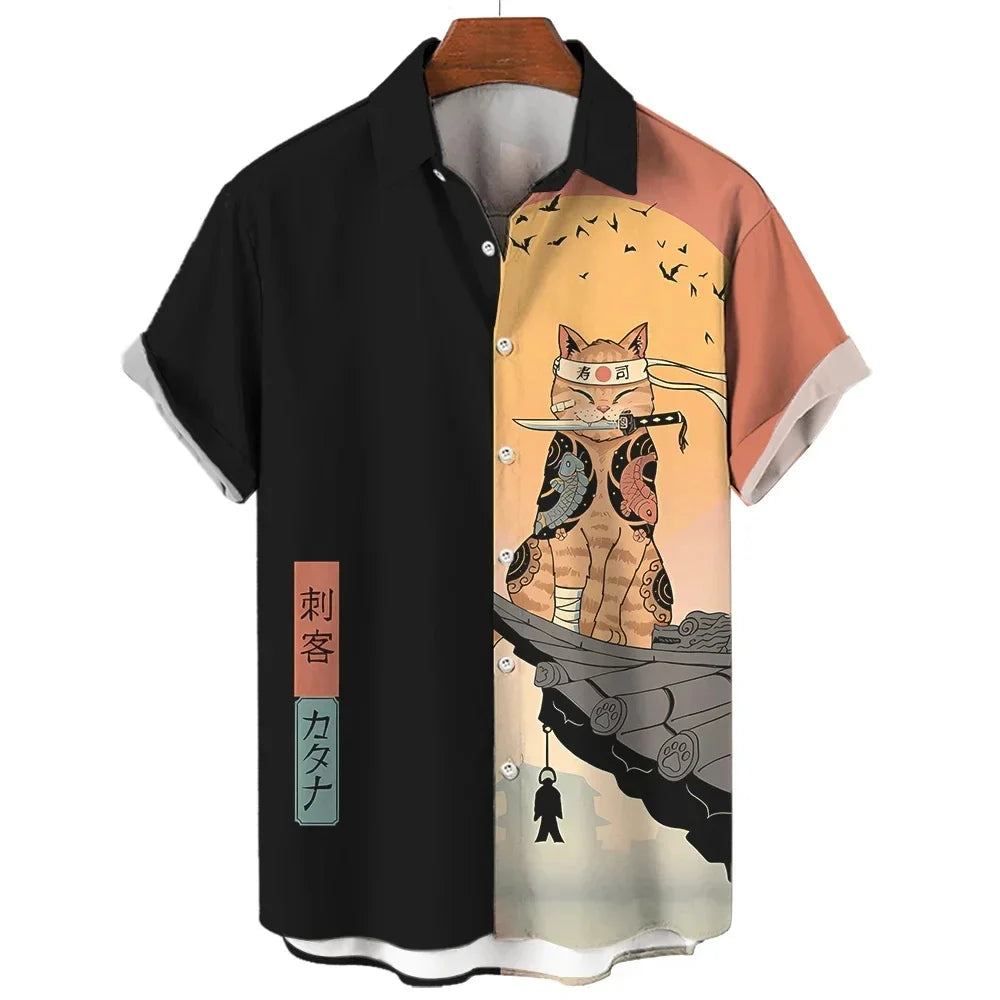 Vintage Pop Art Gun Cat Hawaiian Shirt Multi Style Optional Men US Retro Korean Loose Tropical Cuba Collar Shirts