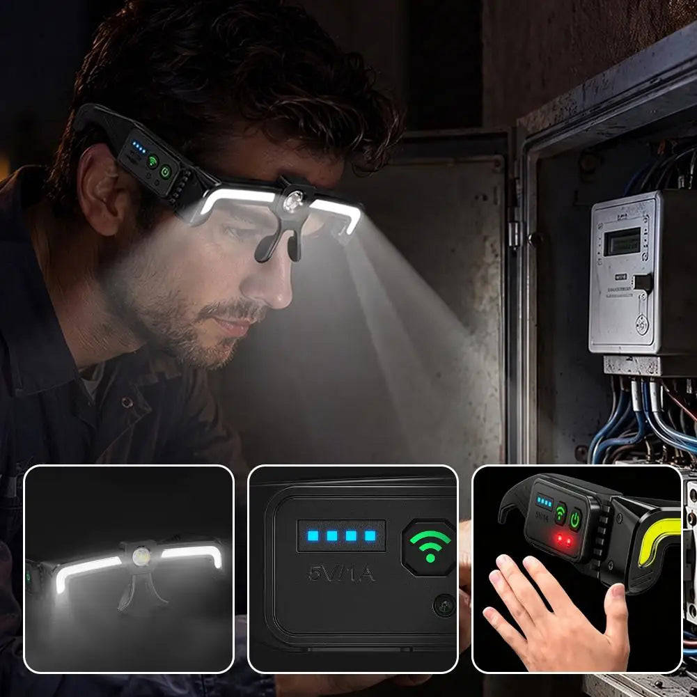 Auto Maintenance Workshop Multifunctional Light Flood Dual Beam Hands-Free Mechanic Headlamp Rechargeable LED Glasses Work Light
