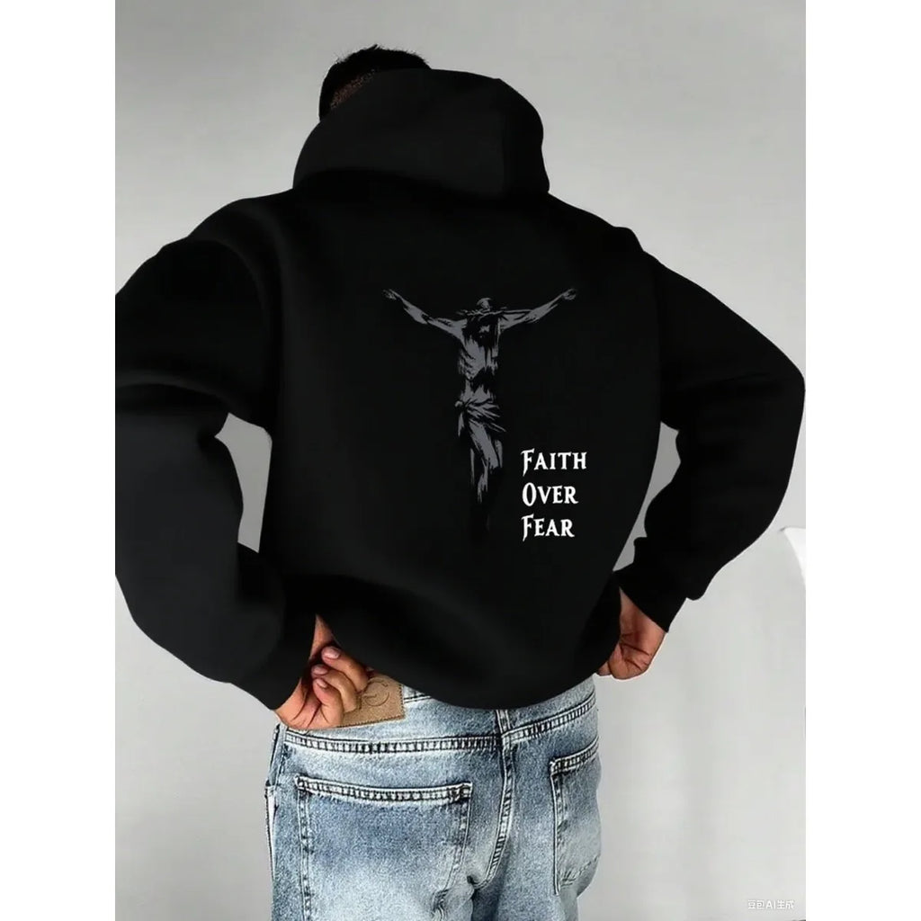 Autumn Hoodies for Men A Cross-shaped Design on The Back Print Hooded Long Sleeve Pullover Daily Casual Sport Tops Men's Clothes