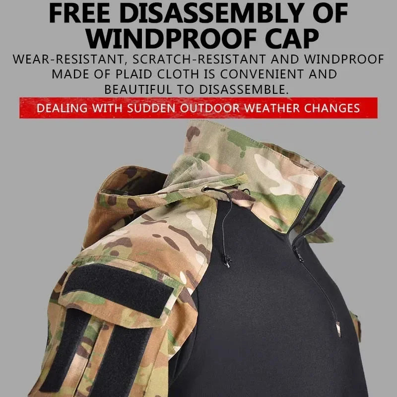 Tactical Combat Shirts 1/4 Zipper Long Sleeve Tactical Shirts Men Clothing Rip Stop Cotton Camo T Shirt Tops Wear-resisting