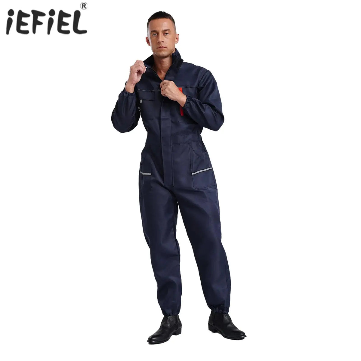 Mens Adults Resistant Coveralls Work Uniforms Stand Collar Long Sleeve Multi-pockets Reflective Stripes Overall Jumpsuit