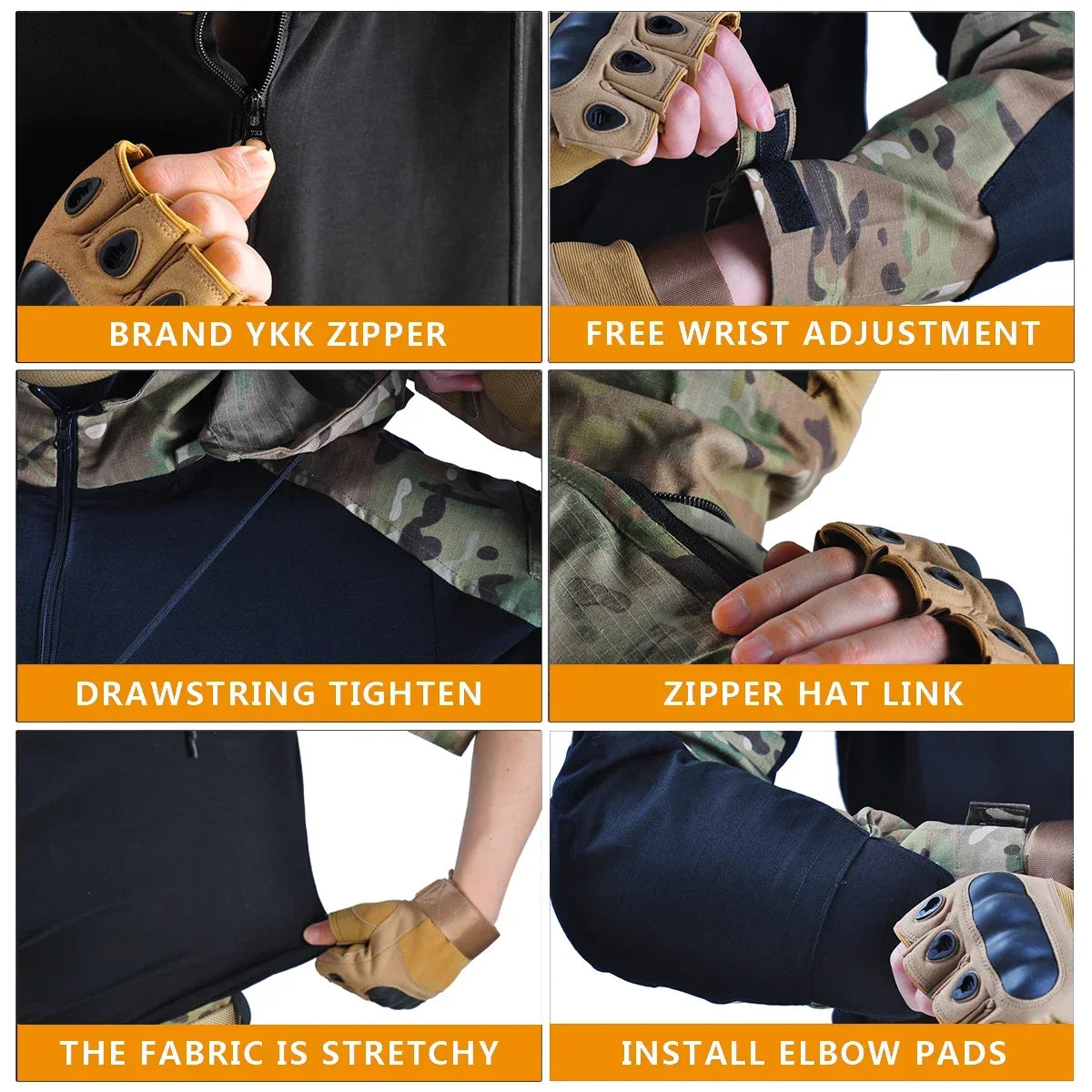 Tactical Combat Shirts 1/4 Zipper Long Sleeve Tactical Shirts Men Clothing Rip Stop Cotton Camo T Shirt Tops Wear-resisting