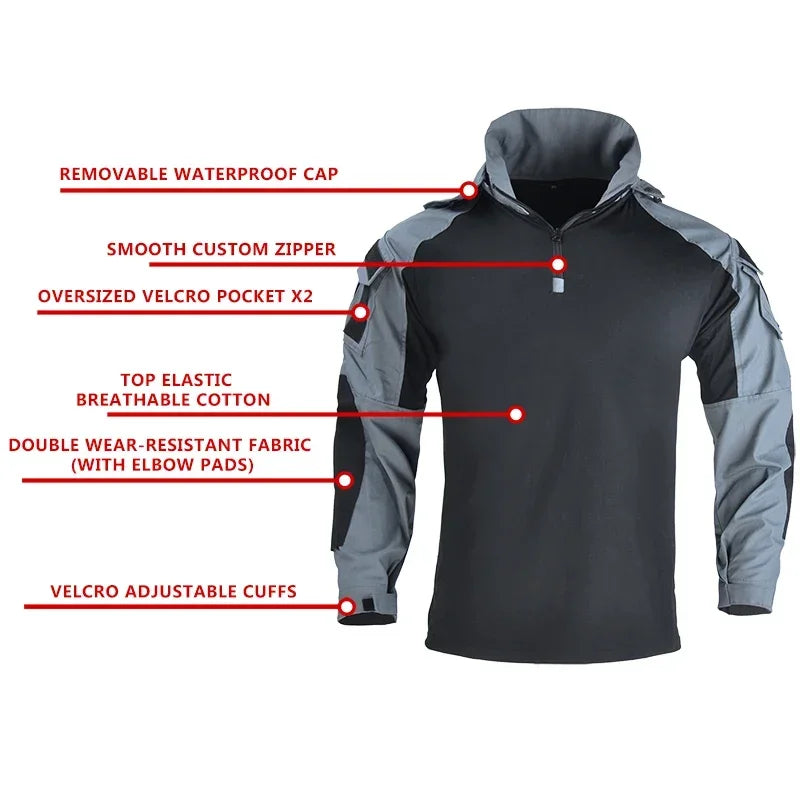 Tactical Combat Shirts 1/4 Zipper Long Sleeve Tactical Shirts Men Clothing Rip Stop Cotton Camo T Shirt Tops Wear-resisting