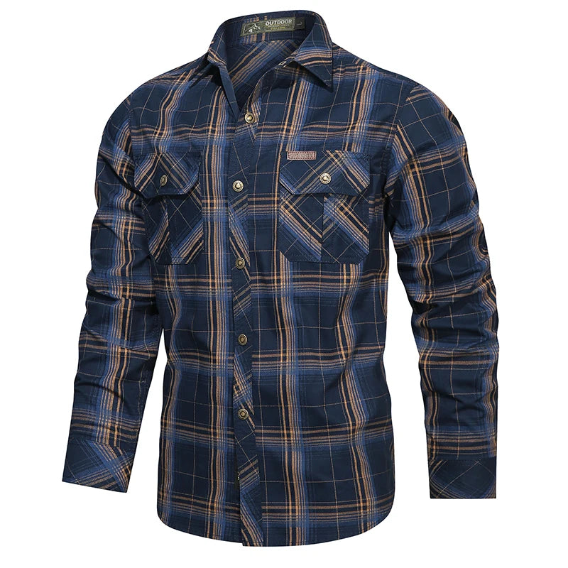 2024 New Plaid Shirt for Men Long Sleeve Striped Outdoor Casual Shirts Turn-down Collar 2-Pokcet Cargo Shirts High Quality Tops