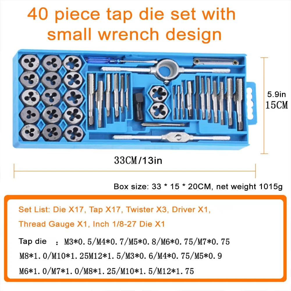 40 PC Tap Die Set Alloy Steel Professional Metric Threading Hand Tools for Thread Repair Automotive Workshop Includes Tap Wrench