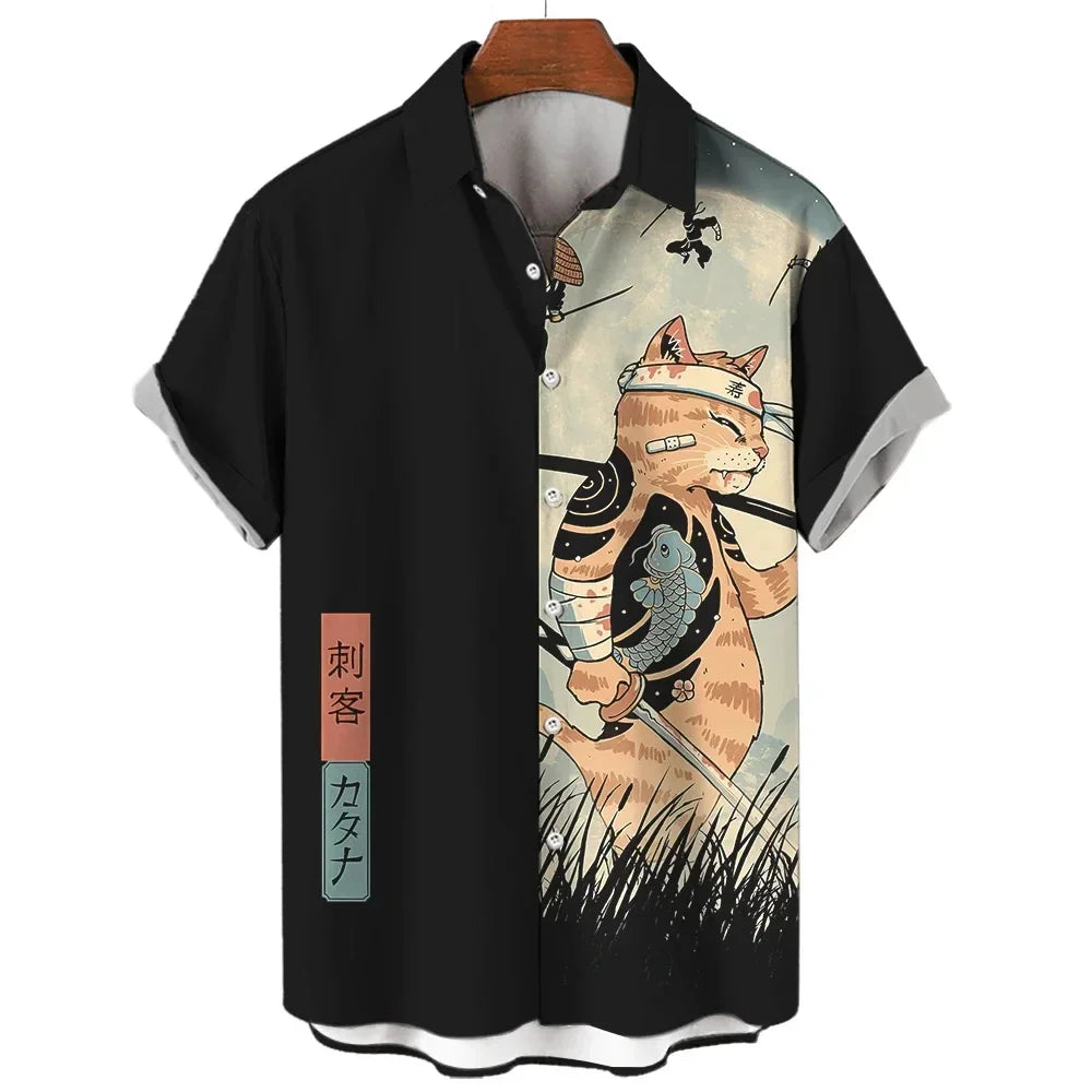 Vintage Pop Art Gun Cat Hawaiian Shirt Multi Style Optional Men US Retro Korean Loose Tropical Cuba Collar Shirts
