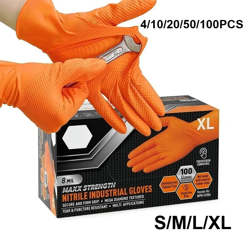 8 Mil Heavy Duty Industrial Orange Disposable Nitrile Gloves Diamond Textured Tear-Resistant for Mechanic Safety & Work Glove