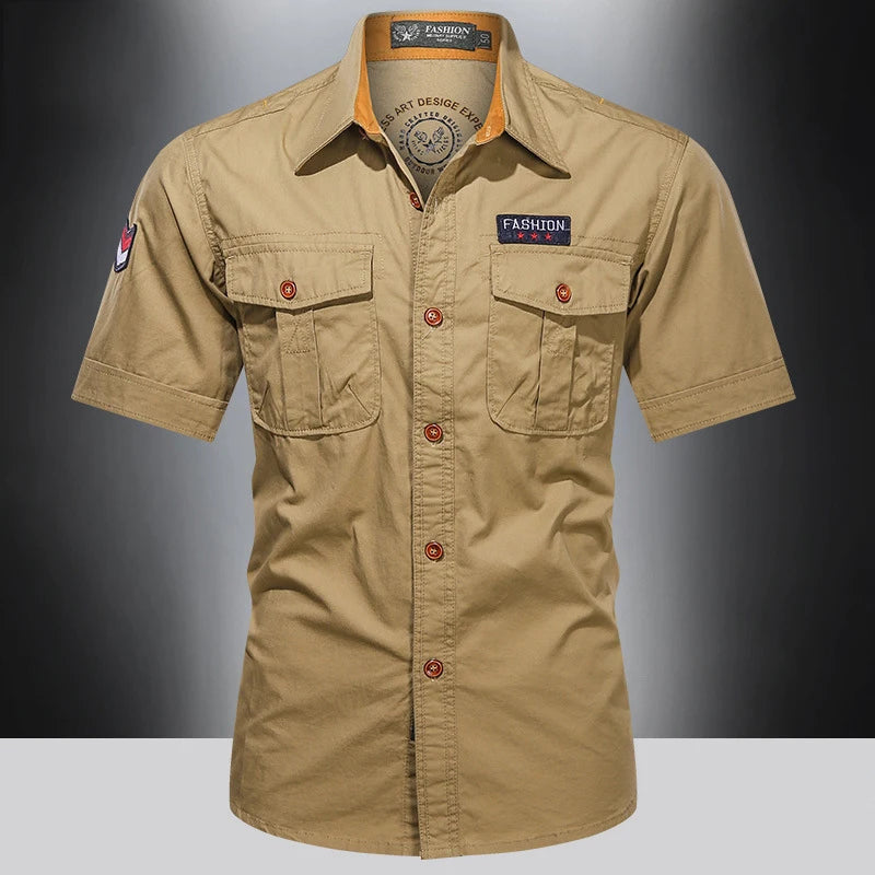 New Men's Casual Shirts Short Sleeve Pure Cotton Shirt Male Solid Oversized Military Cargo Shirts Men Clothing Shirt 5XL A2H168