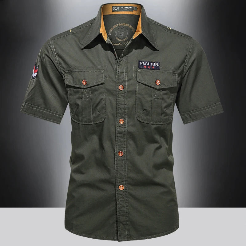 New Men's Casual Shirts Short Sleeve Pure Cotton Shirt Male Solid Oversized Military Cargo Shirts Men Clothing Shirt 5XL A2H168