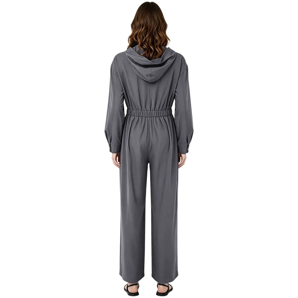 Women's Hooded Coveralls Casual Workwear Uniforms Spring Autumn Long Sleeve Zipper Front Wide-leg Jumpsuit with Multi-pocket