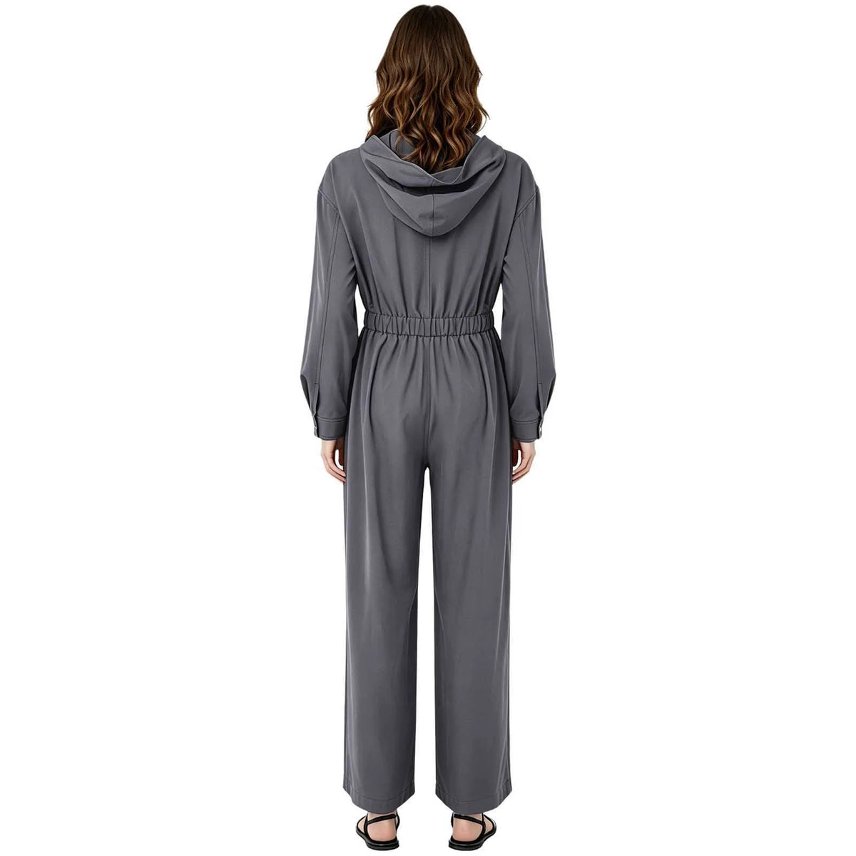 Women's Hooded Coveralls Casual Workwear Uniforms Spring Autumn Long Sleeve Zipper Front Wide-leg Jumpsuit with Multi-pocket