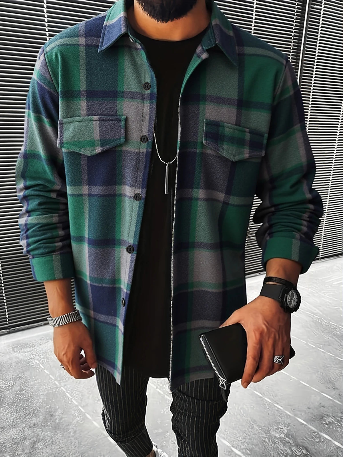 Retro Plaid Shirt Men Casual Elegant Button Up Long Sleeve Shirt Jacket For Spring Fall Business