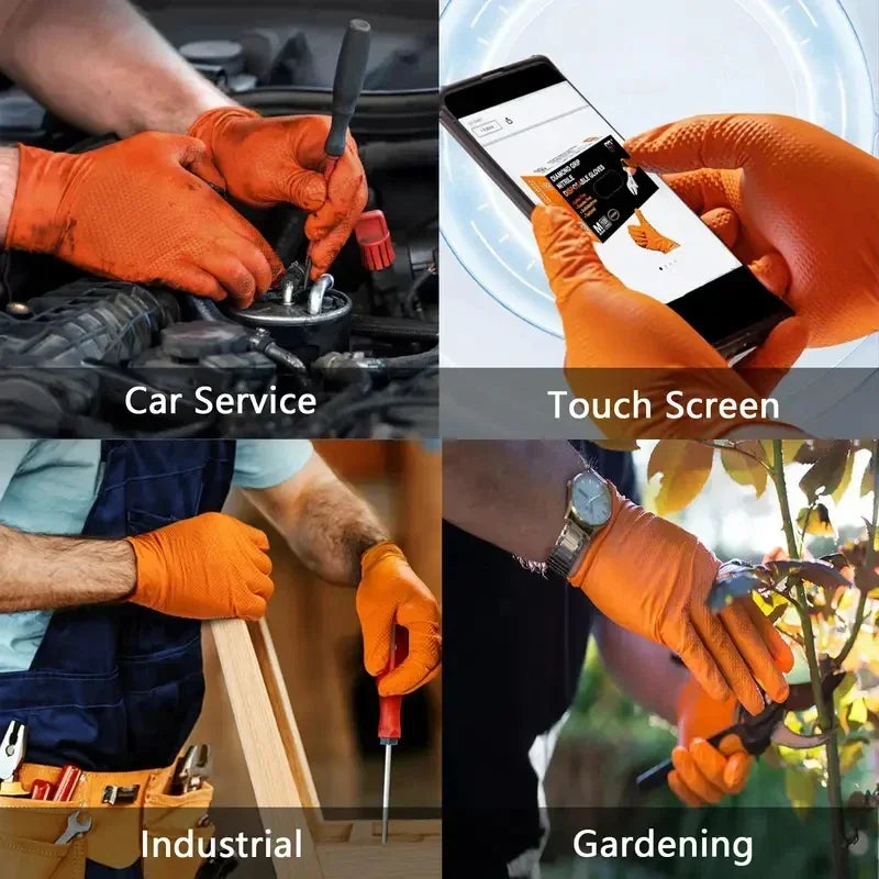 8 Mil Heavy Duty Industrial Orange Disposable Nitrile Gloves Diamond Textured Tear-Resistant for Mechanic Safety & Work Glove