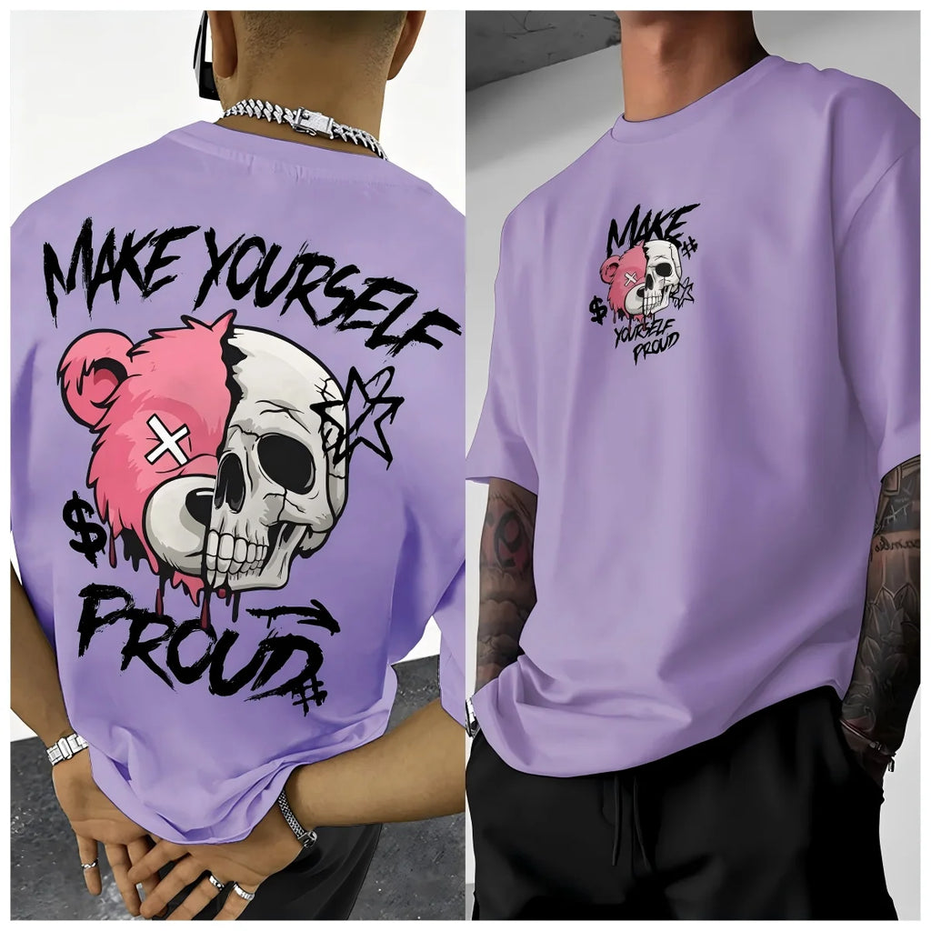 New European and American men's summer skull bear print comfortable and breathable round neck T-shirt outdoor street style top