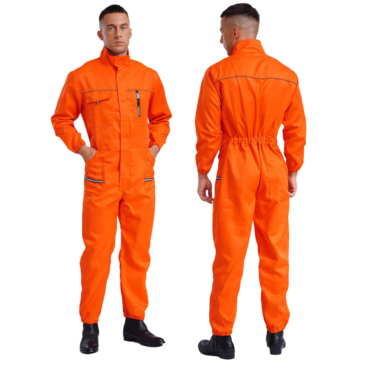 Mens Adults Resistant Coveralls Work Uniforms Stand Collar Long Sleeve Multi-pockets Reflective Stripes Overall Jumpsuit