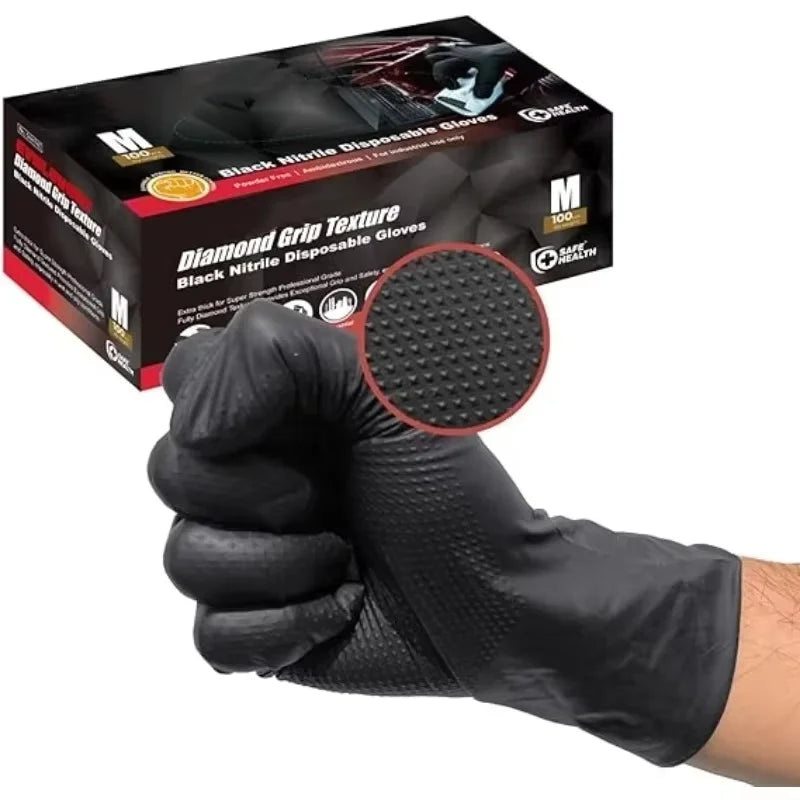 Black 8-mil Nitrile Gloves Disposable Latex Free Diamond Textured Heavy Duty Mechanic Gloves for Men Industrial Use