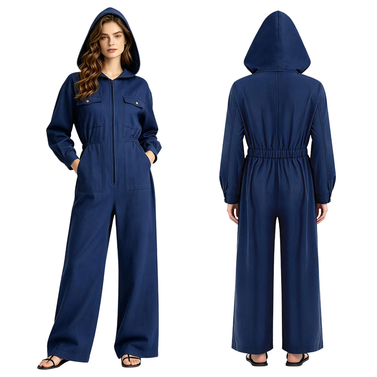 Women's Hooded Coveralls Casual Workwear Uniforms Spring Autumn Long Sleeve Zipper Front Wide-leg Jumpsuit with Multi-pocket