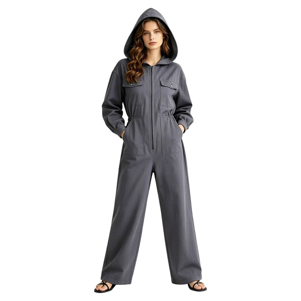 Women's Hooded Coveralls Casual Workwear Uniforms Spring Autumn Long Sleeve Zipper Front Wide-leg Jumpsuit with Multi-pocket