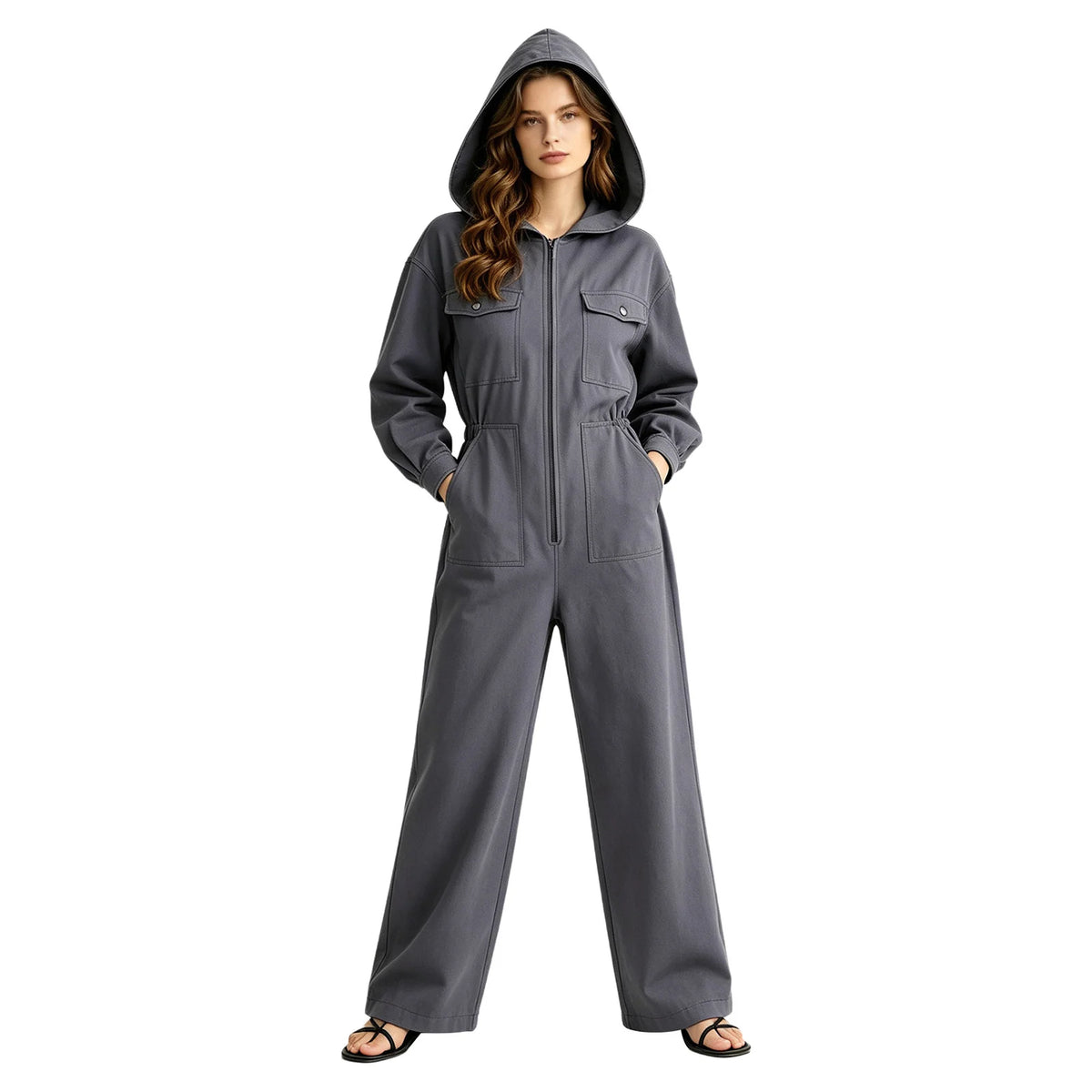 Women's Hooded Coveralls Casual Workwear Uniforms Spring Autumn Long Sleeve Zipper Front Wide-leg Jumpsuit with Multi-pocket