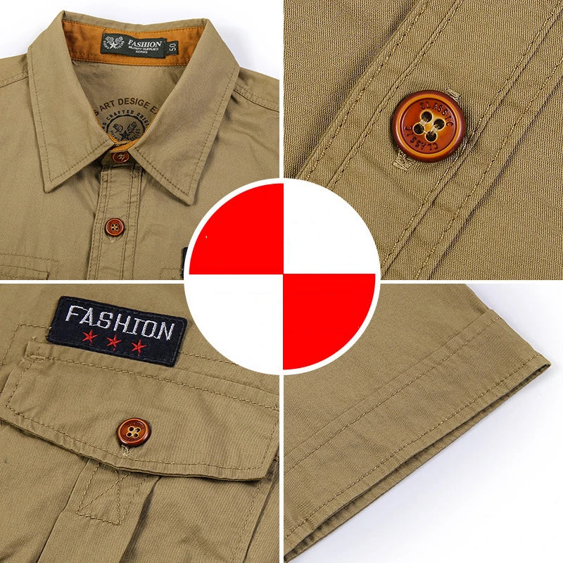 New Men's Casual Shirts Short Sleeve Pure Cotton Shirt Male Solid Oversized Military Cargo Shirts Men Clothing Shirt 5XL A2H168