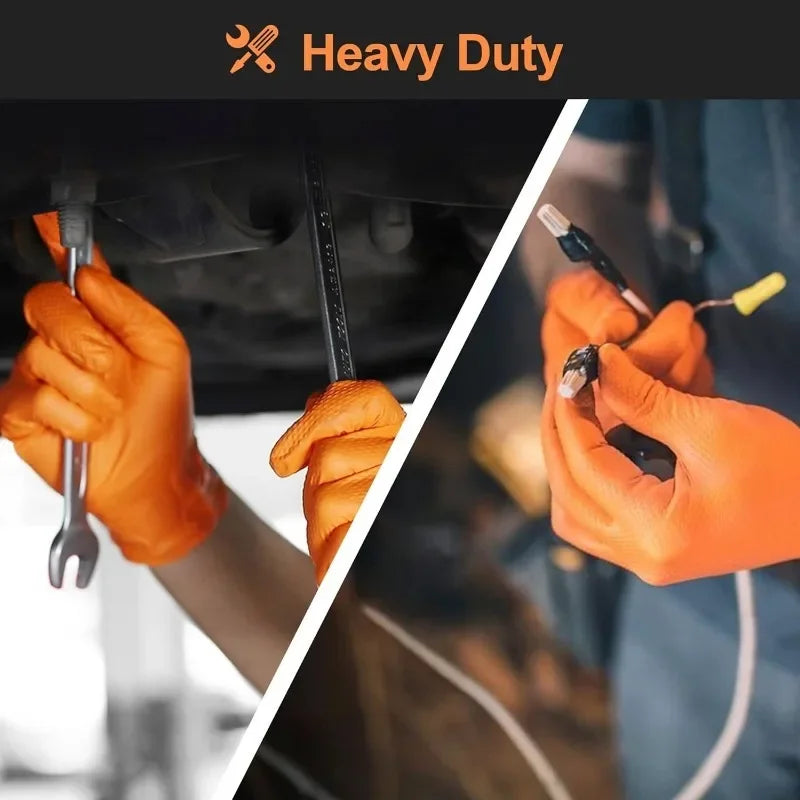 8 Mil Heavy Duty Industrial Orange Disposable Nitrile Gloves Diamond Textured Tear-Resistant for Mechanic Safety & Work Glove