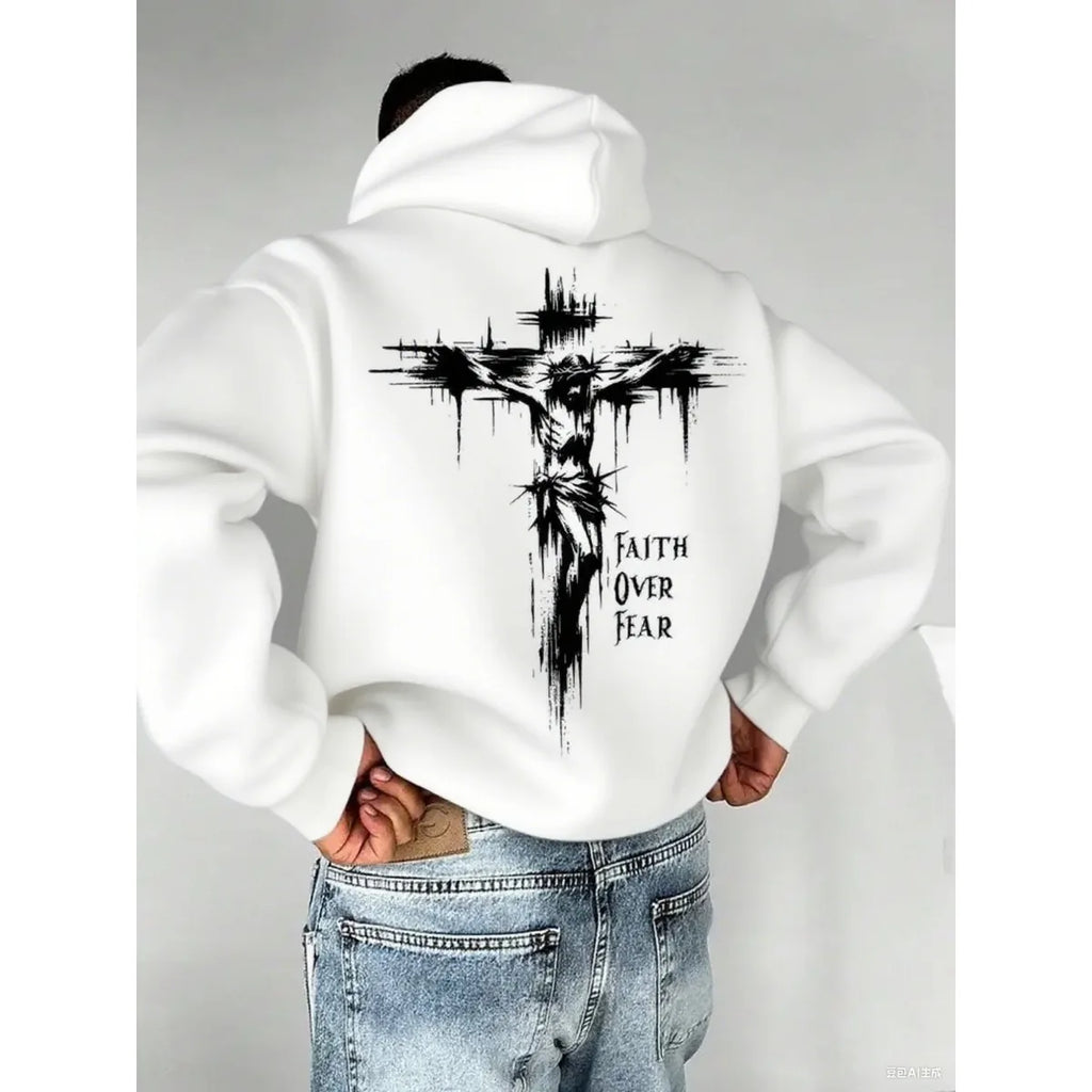 Autumn Hoodies for Men A Cross-shaped Design on The Back Print Hooded Long Sleeve Pullover Daily Casual Sport Tops Men's Clothes