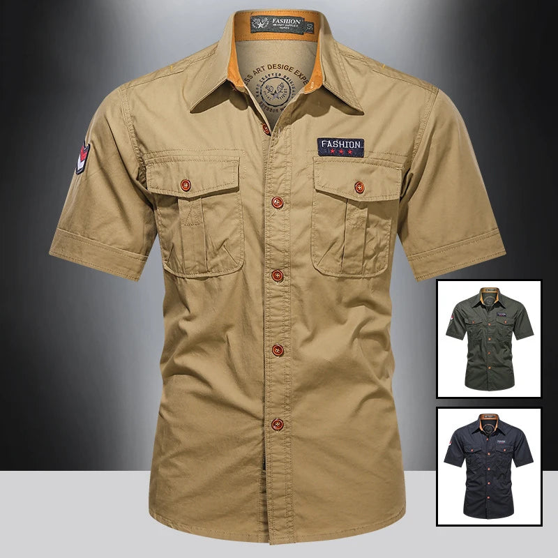 New Men's Casual Shirts Short Sleeve Pure Cotton Shirt Male Solid Oversized Military Cargo Shirts Men Clothing Shirt 5XL A2H168