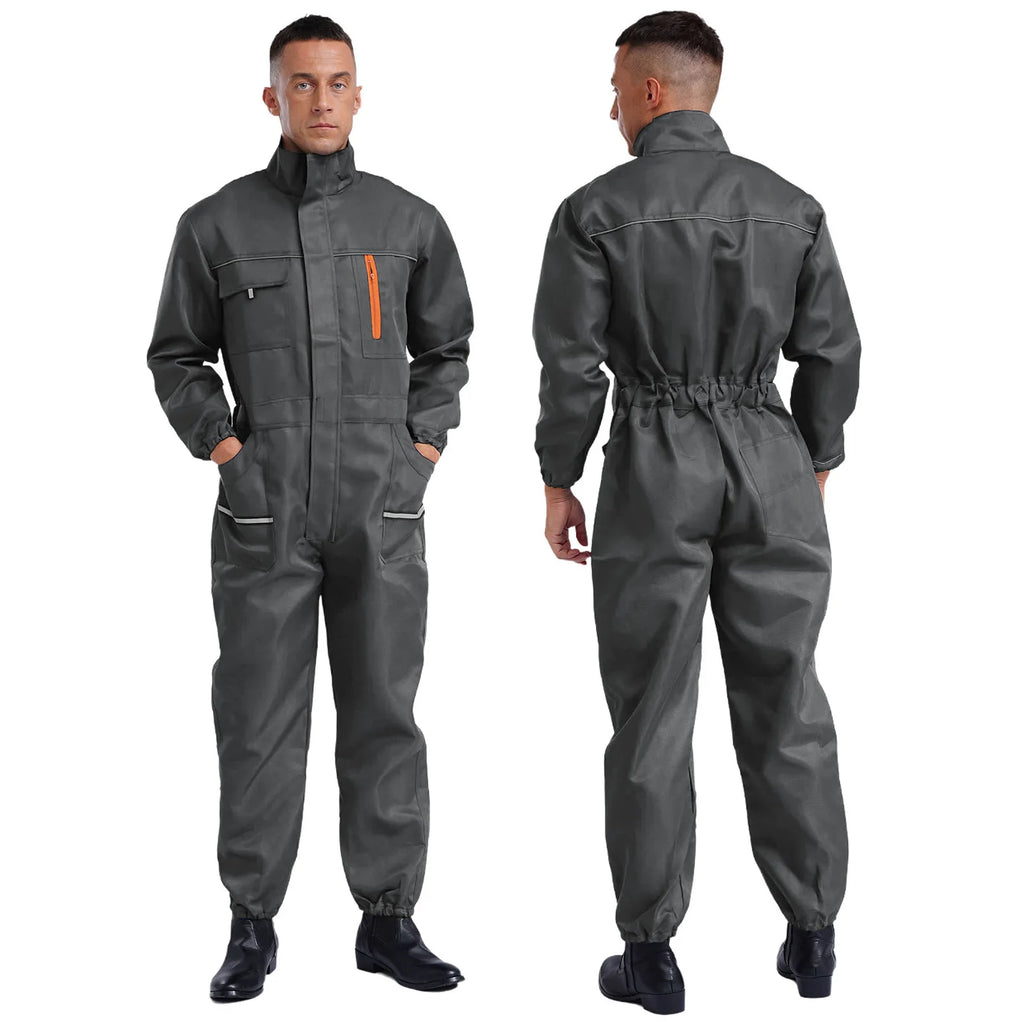 Mens Adults Resistant Coveralls Work Uniforms Stand Collar Long Sleeve Multi-pockets Reflective Stripes Overall Jumpsuit