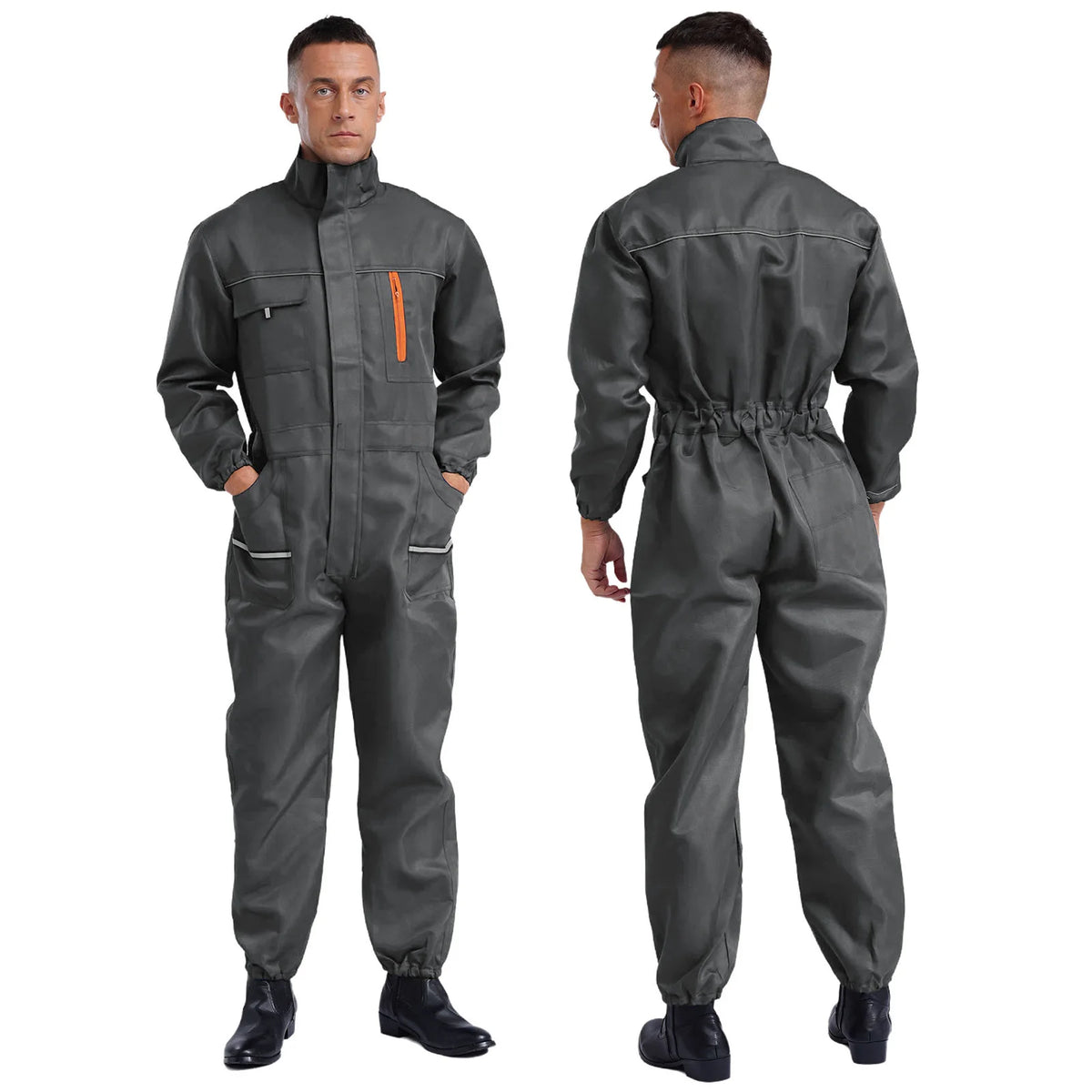 Mens Adults Resistant Coveralls Work Uniforms Stand Collar Long Sleeve Multi-pockets Reflective Stripes Overall Jumpsuit