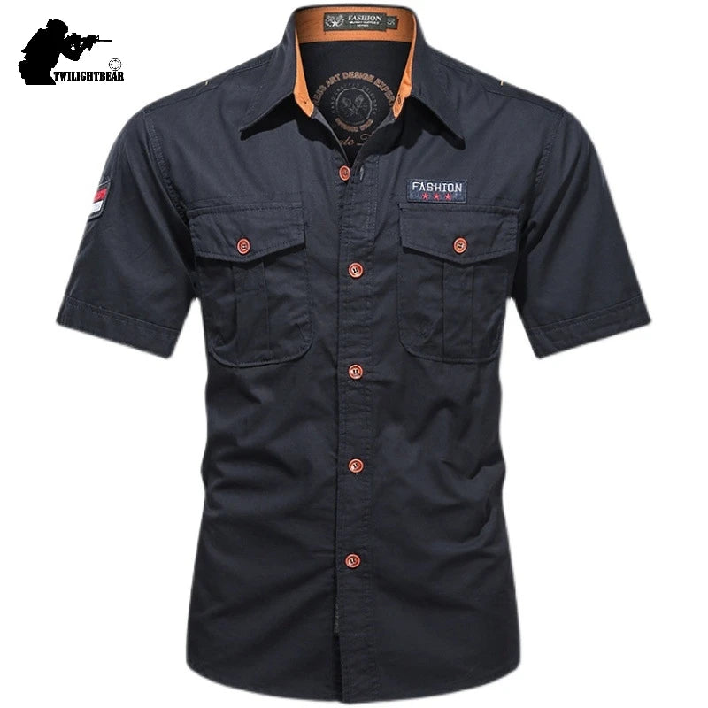 New Men's Casual Shirts Short Sleeve Pure Cotton Shirt Male Solid Oversized Military Cargo Shirts Men Clothing Shirt 5XL A2H168
