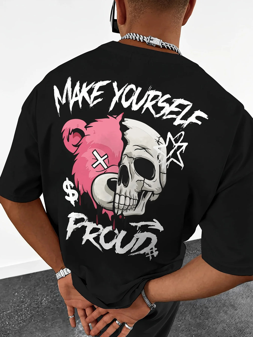 New European and American men's summer skull bear print comfortable and breathable round neck T-shirt outdoor street style top