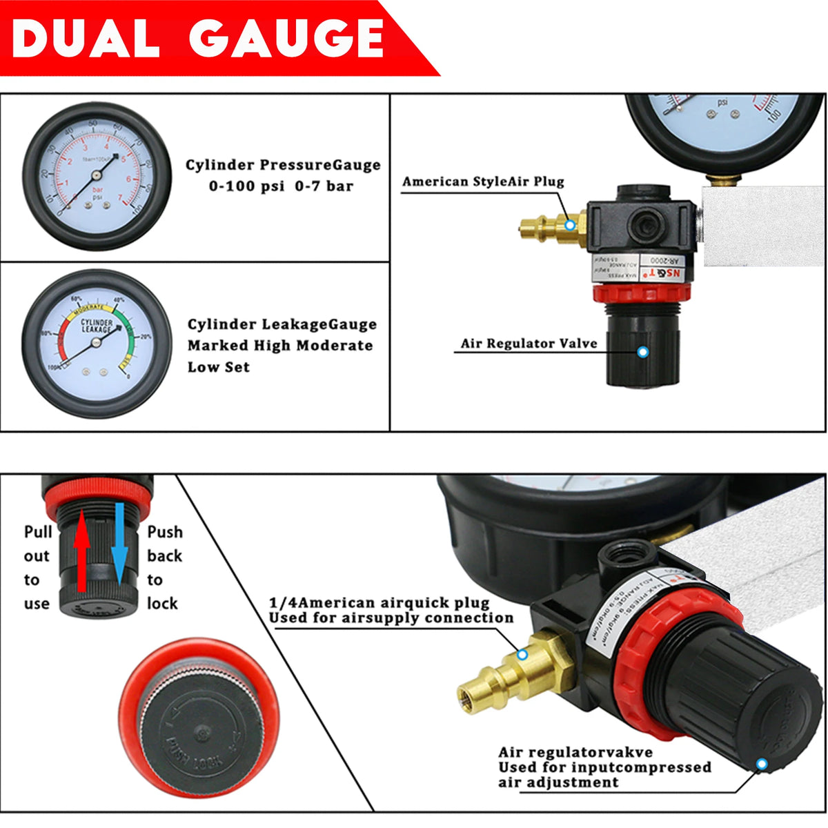 Multi-Function Cylinder Leak Down Tester Automotive Kit Engine Compression Tester Dual Gauge Leakdown Detector Tool Set