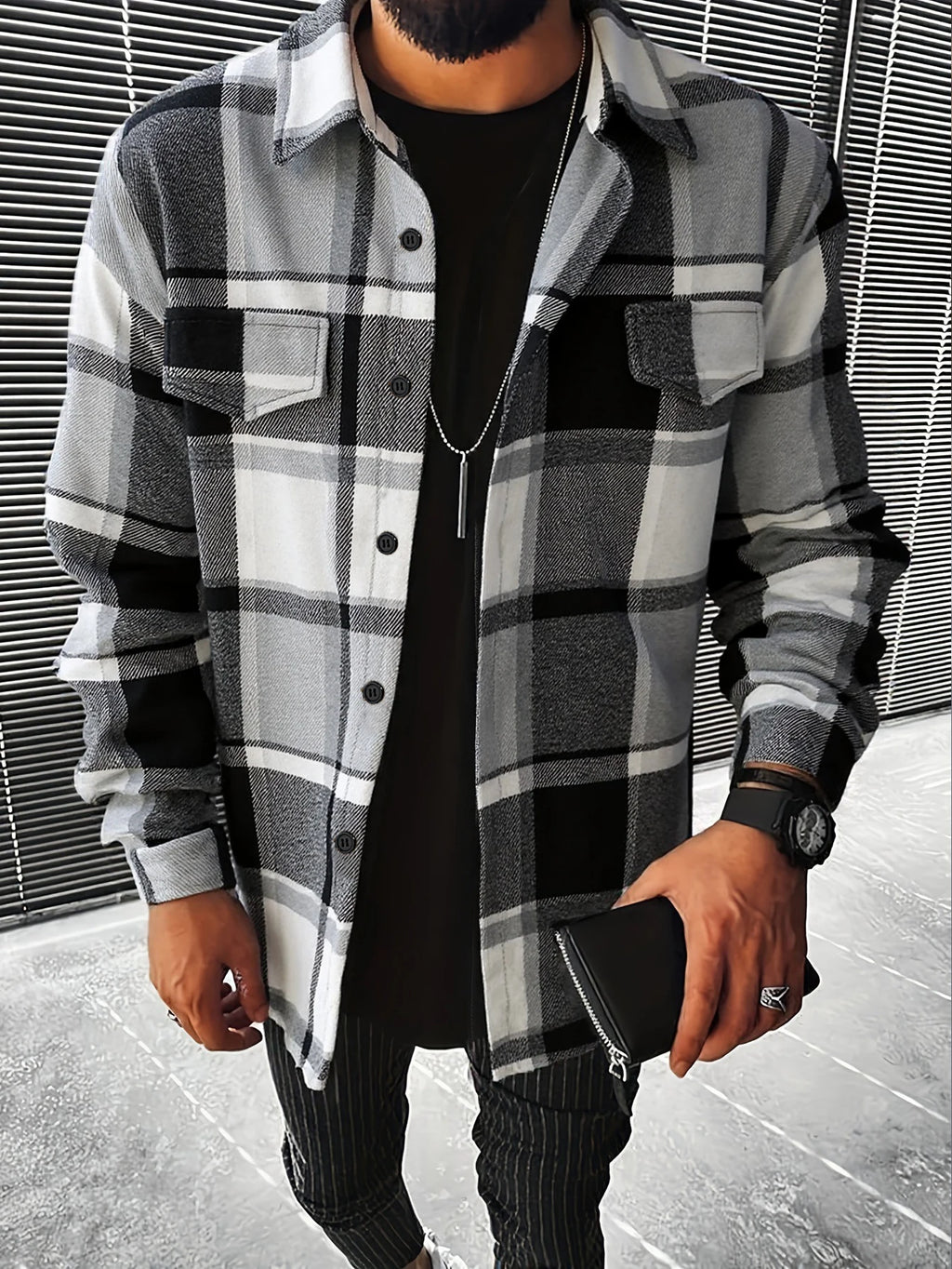 Retro Plaid Shirt Men Casual Elegant Button Up Long Sleeve Shirt Jacket For Spring Fall Business