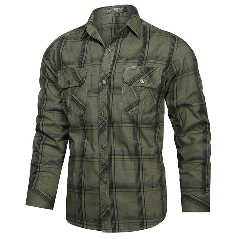 2024 New Plaid Shirt for Men Long Sleeve Striped Outdoor Casual Shirts Turn-down Collar 2-Pokcet Cargo Shirts High Quality Tops