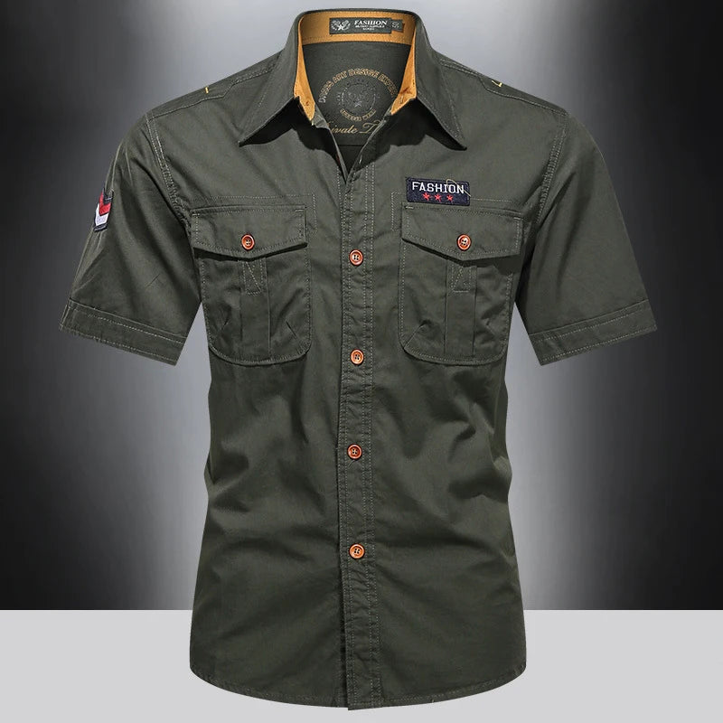 New Men's Casual Shirts Short Sleeve Pure Cotton Shirt Male Solid Oversized Military Cargo Shirts Men Clothing Shirt 5XL A2H168