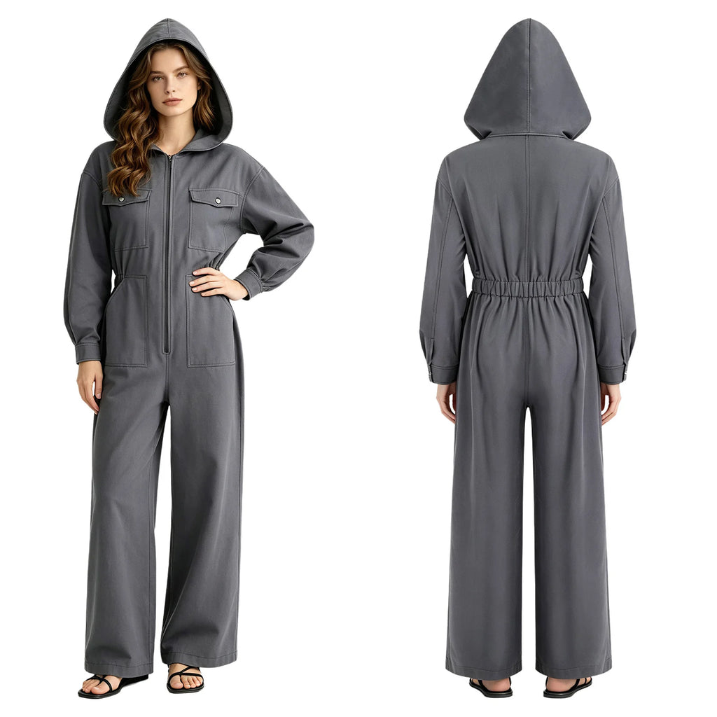 Women's Hooded Coveralls Casual Workwear Uniforms Spring Autumn Long Sleeve Zipper Front Wide-leg Jumpsuit with Multi-pocket