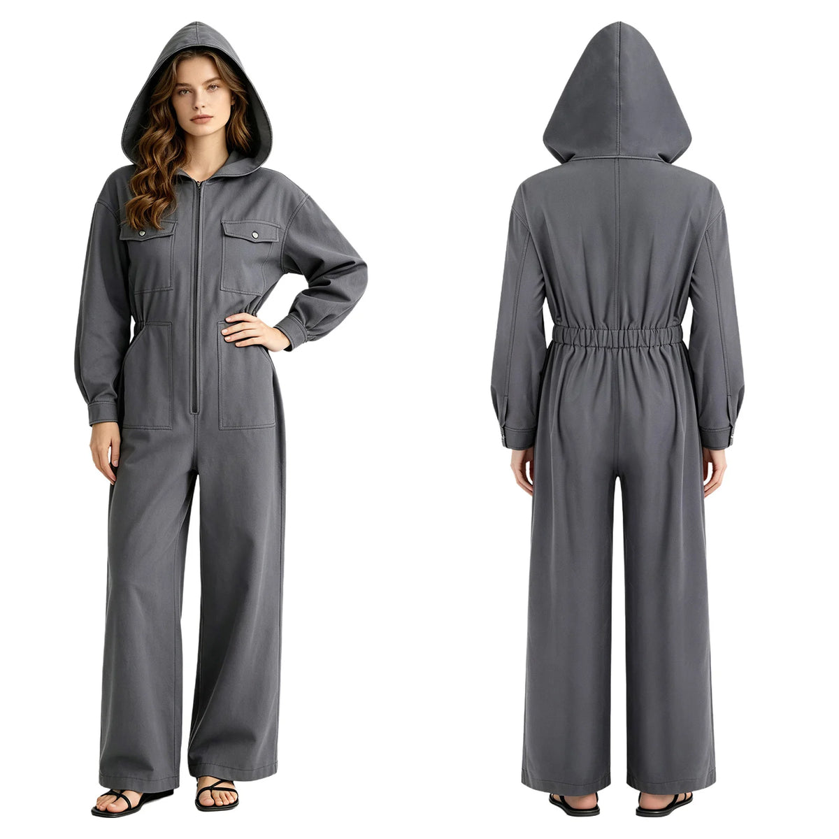 Women's Hooded Coveralls Casual Workwear Uniforms Spring Autumn Long Sleeve Zipper Front Wide-leg Jumpsuit with Multi-pocket