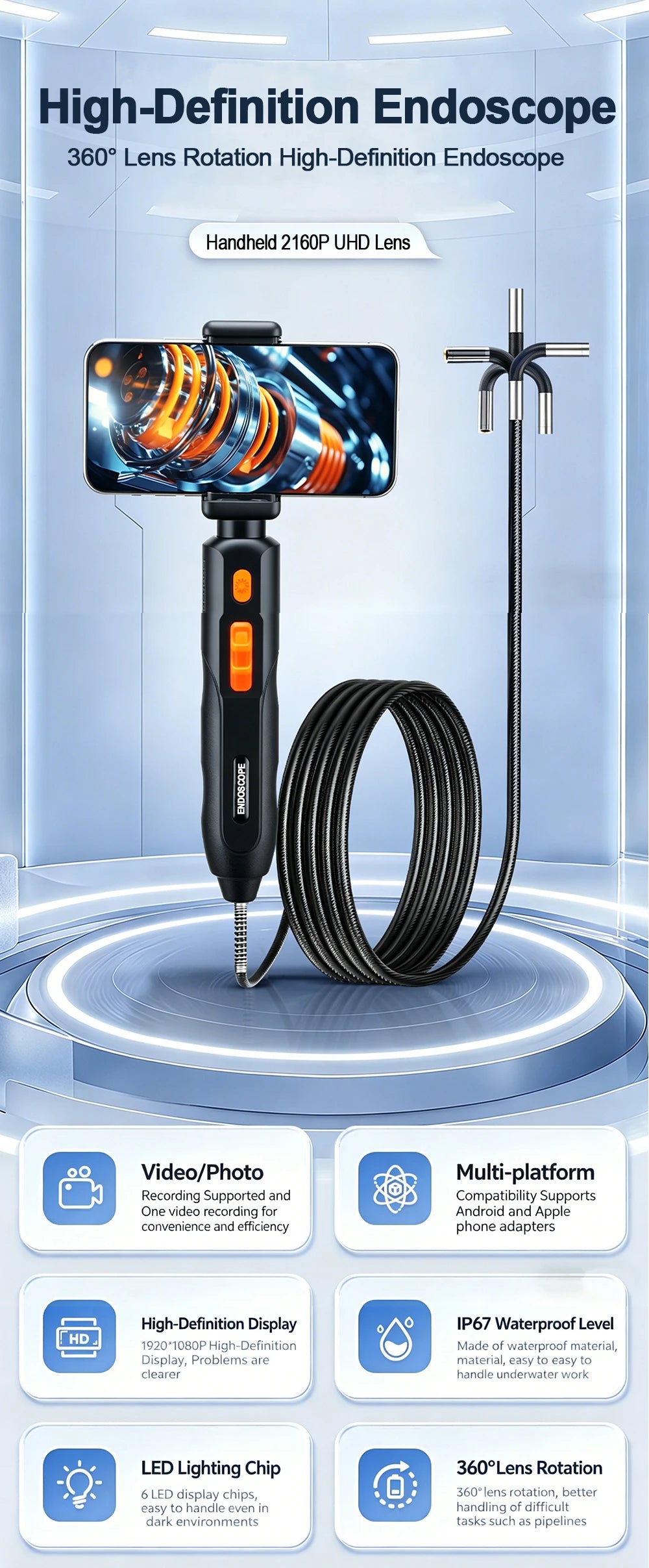 360° Articulated Inspection 4K HD Borescope 6.2mm Camera Articulating Borescope Endoscope Camera For Android/iOS Phone
