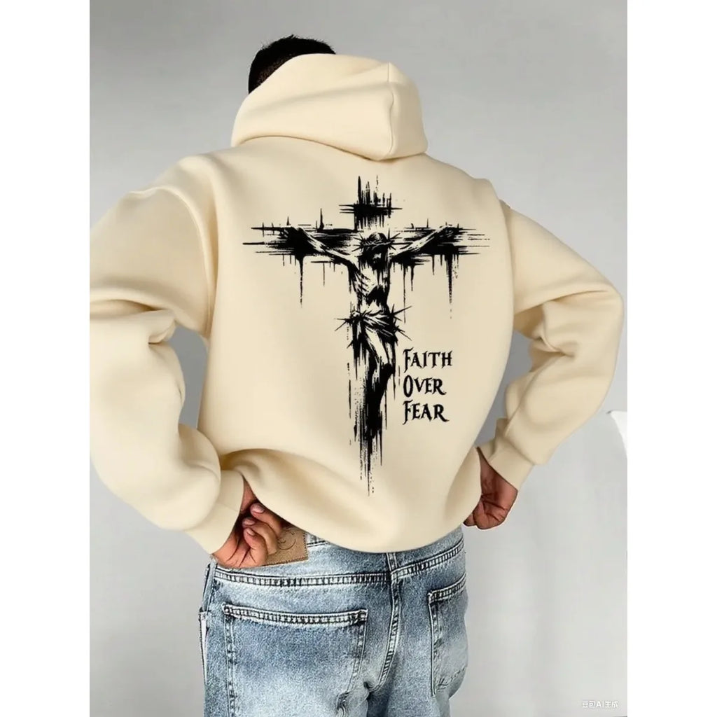 Autumn Hoodies for Men A Cross-shaped Design on The Back Print Hooded Long Sleeve Pullover Daily Casual Sport Tops Men's Clothes