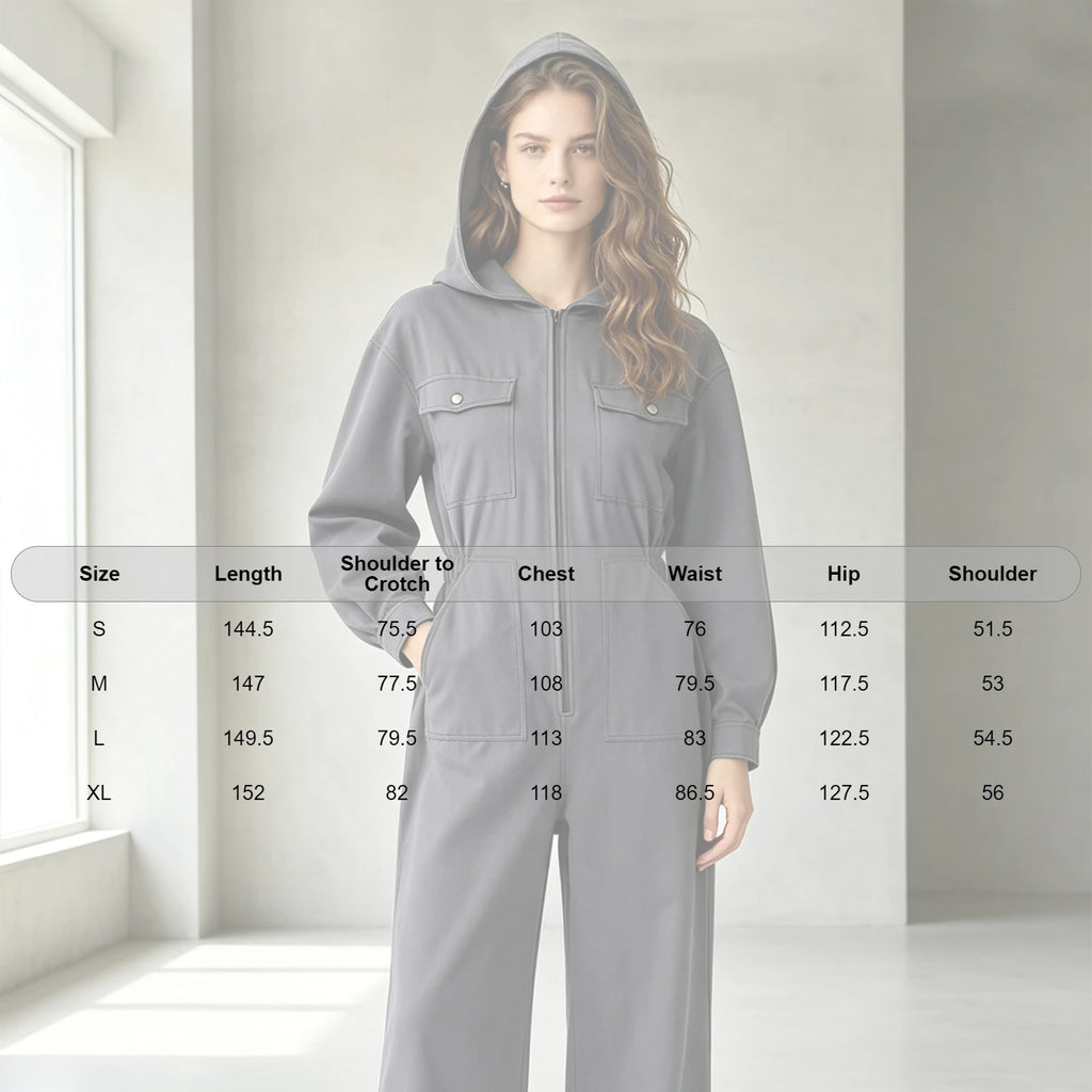 Women's Hooded Coveralls Casual Workwear Uniforms Spring Autumn Long Sleeve Zipper Front Wide-leg Jumpsuit with Multi-pocket