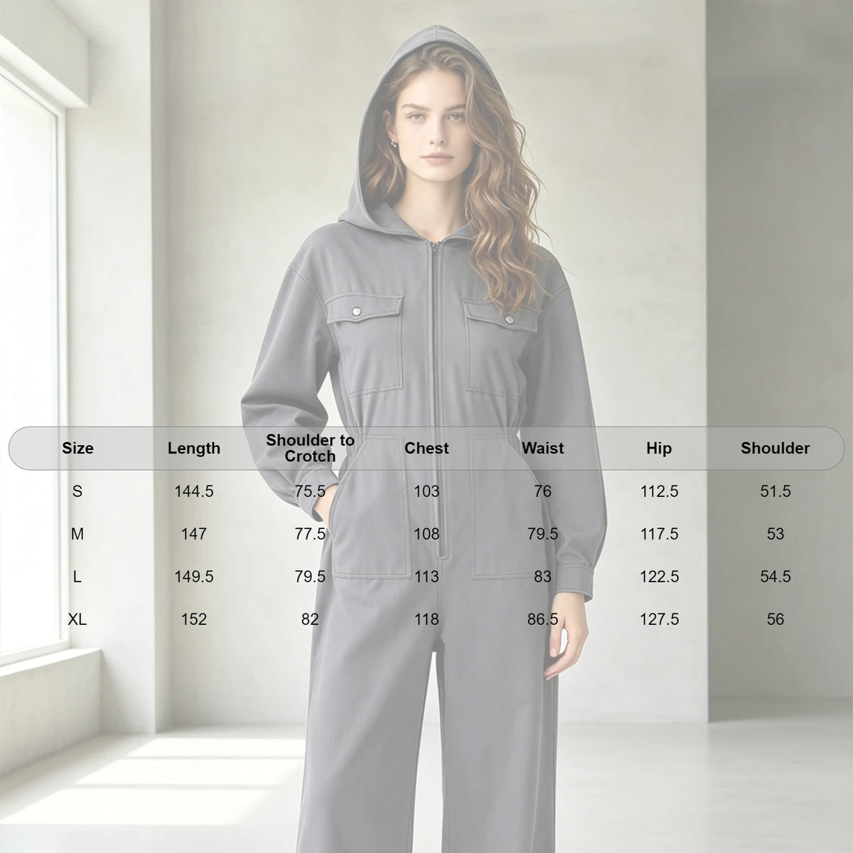 Women's Hooded Coveralls Casual Workwear Uniforms Spring Autumn Long Sleeve Zipper Front Wide-leg Jumpsuit with Multi-pocket