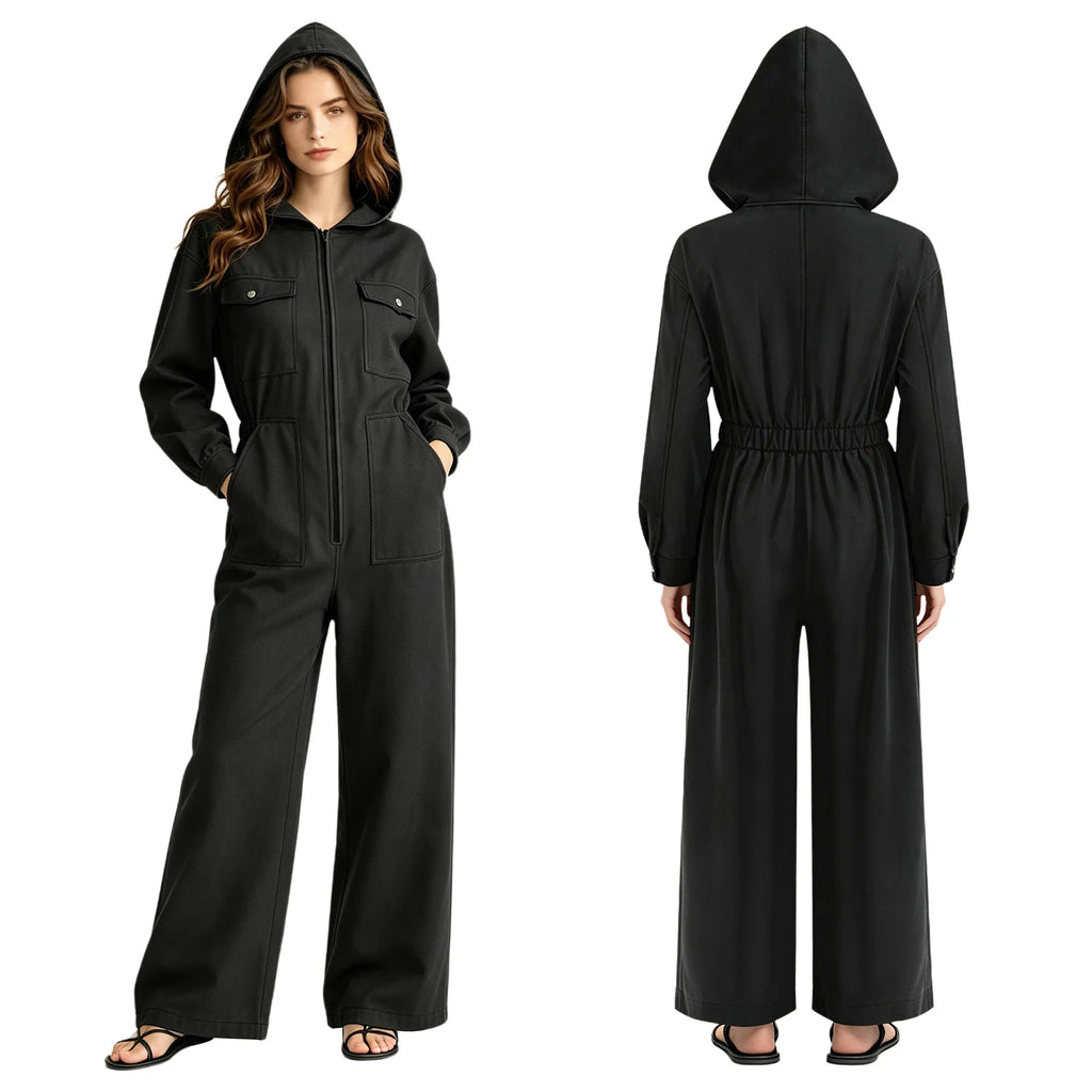 Women's Hooded Coveralls Casual Workwear Uniforms Spring Autumn Long Sleeve Zipper Front Wide-leg Jumpsuit with Multi-pocket