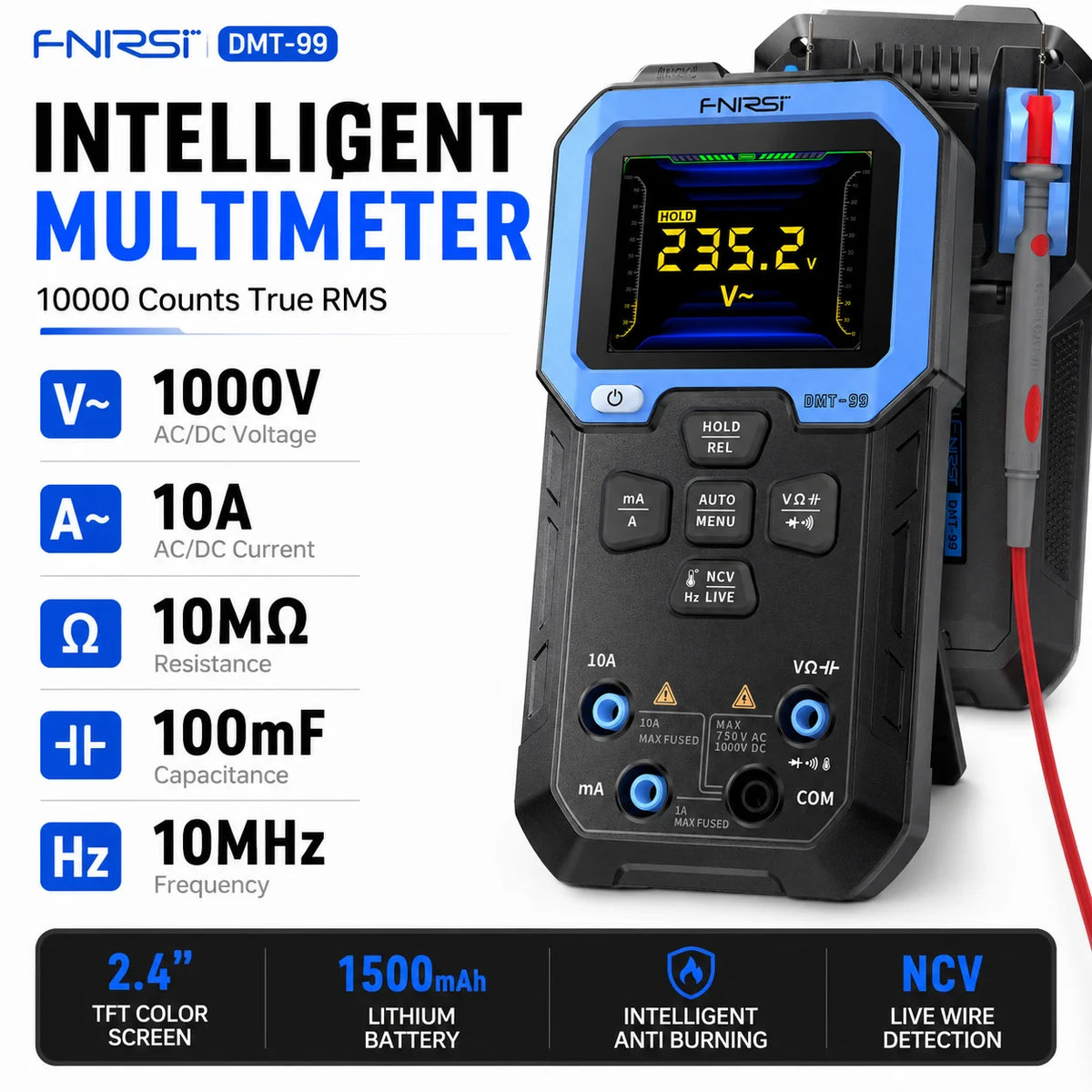 Digital Multimeter 10000 Counts True RMS AC DC Voltage Current Tester Color TFT Display Rechargeable with Temperature Capacitanc