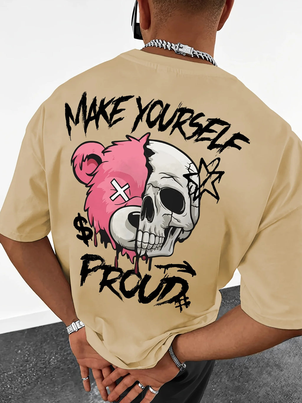 New European and American men's summer skull bear print comfortable and breathable round neck T-shirt outdoor street style top