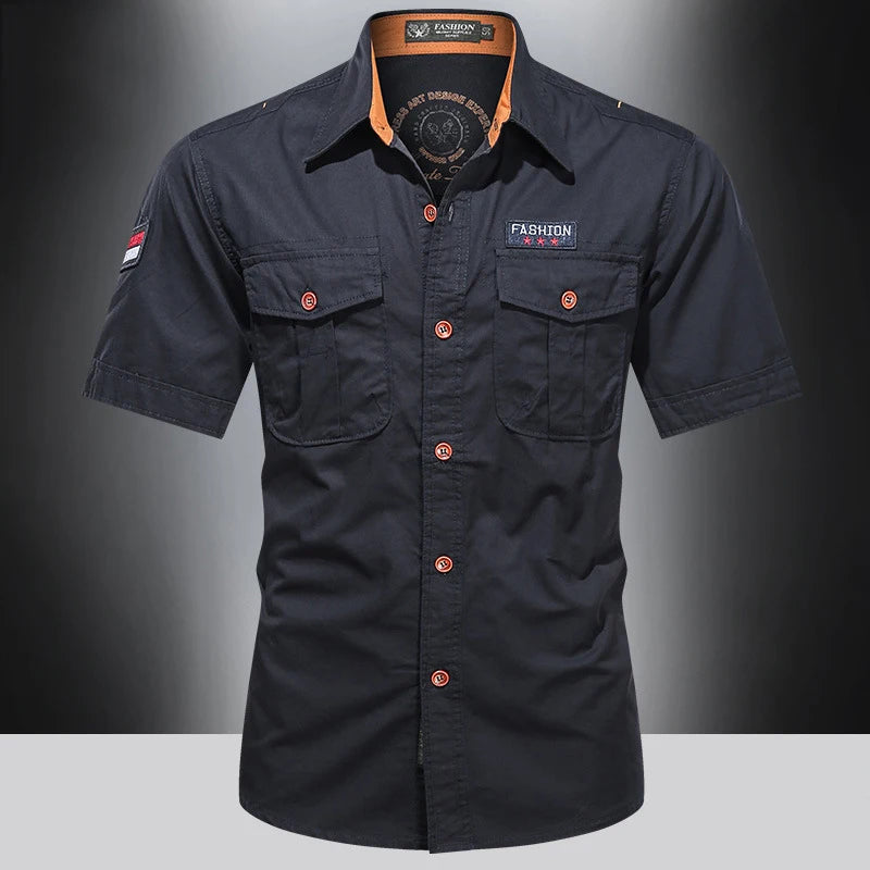 New Men's Casual Shirts Short Sleeve Pure Cotton Shirt Male Solid Oversized Military Cargo Shirts Men Clothing Shirt 5XL A2H168